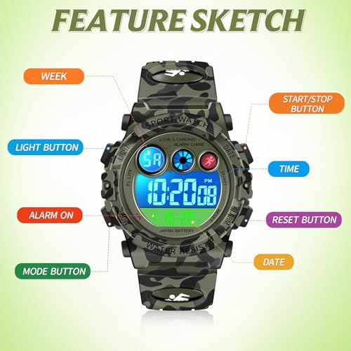 Image of Dayllon Kids Digital Watch,Boys Digital Outdoor Sport Waterproof Watch,with Calendar 12 /24H Alarm 7 Colorful Backlight Stopwatch Wristwatch for 3-15 Years Old