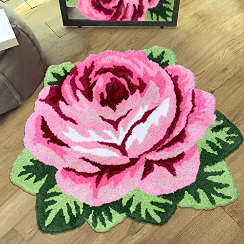Pink Rose Rug Plush Rug Bath Mat Shaggy Door Mat Water Absorbent Rose Floral Mats Anti-Slip(Non-Slip) Modern Carpet Washable Floor Mats For Bedroom/Sofa/Bathroom (1 Rose, Pink) #TOP4