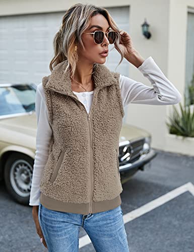 IECCP Damen Fleece Weste Jacke Standkragen Ultraleicht Outdoor Westen Tops mit Taschen Reißverschluss Gilets Damenweste(Kamel,S)