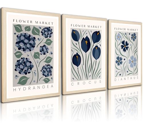 3pcs Framed Canvas Print Blue Floral Botanical Wall Art Vintage