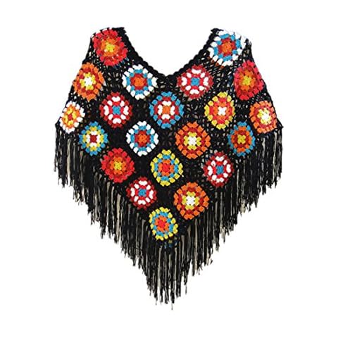 tinacrochetstudio Crochet Fringed Poncho Cape Shawls Wraps Granny Square Womens Coat Sweater (M, Black Base) Cover
