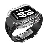 JUSUTEK 革新 コンパチブル Apple Watch バンド ケース クリスタル透明シェル 一体型 44MM/45MM共通 蝶の時計のボタン ポリカーボネートマテリアル プロテクター カバー付き iWatch Series 8/7/6/SE/5/4対応 ストラップ 男女兼用 完全 保護 カバー (44MM/45MM共通, 透明+黒)