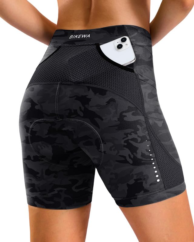 Bikewa Womens Bike Shorts 4D Gel Padded with Pockets Road Cycling Biking Bicycle Shorts for Women(Black Camo 2XL)