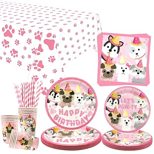 Déco anniversaire patte de chiot rose : nappe et assiettes pour un goûter magique à la maison