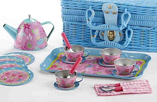 Delton Products Tin 19 Pieces Tea Set in Basket Tea Party Serveware