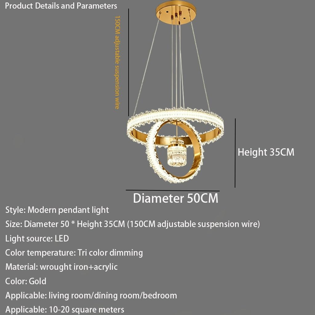 Lampa Kryształowa Nowoczesna Lampa Wisząca LED O Dwupierścieniowym Wzorze Regulowana Wysokością 50 Cm Oświetlenie Ściemnialne W Trzech Kolorach Odpowiednia Do Salonu Jadalni I Sypialni