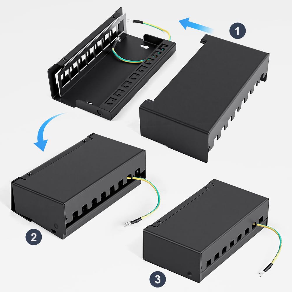 AXFEE Panneau De Brassage Kit 8 Ports, Panneau De Brassage RJ45 CAT 7 avec 8xRJ45 Modules Keystone Jack, 10 Gbit/s panneaux de brassage muraux Compatible avec Câble de Pose CAT6 CAT6a CAT7 LAN Réseau