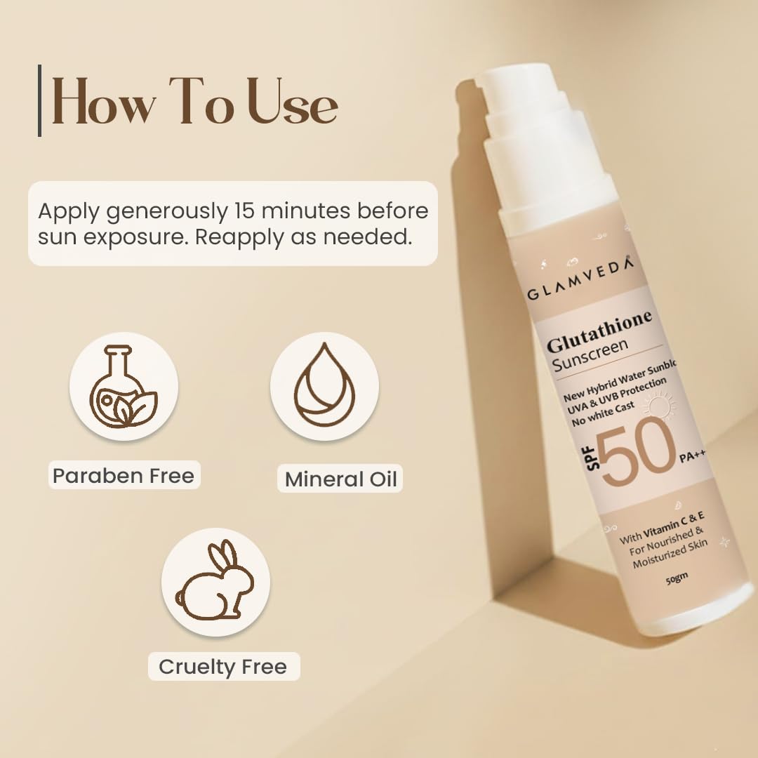 Glamveda Glutathione & Vitamin C Sunscreen SPF 50 Pa+++| Broad-spectrum  Sunscreen with Advanced Blue Light Filter | UVA/UVB Protection