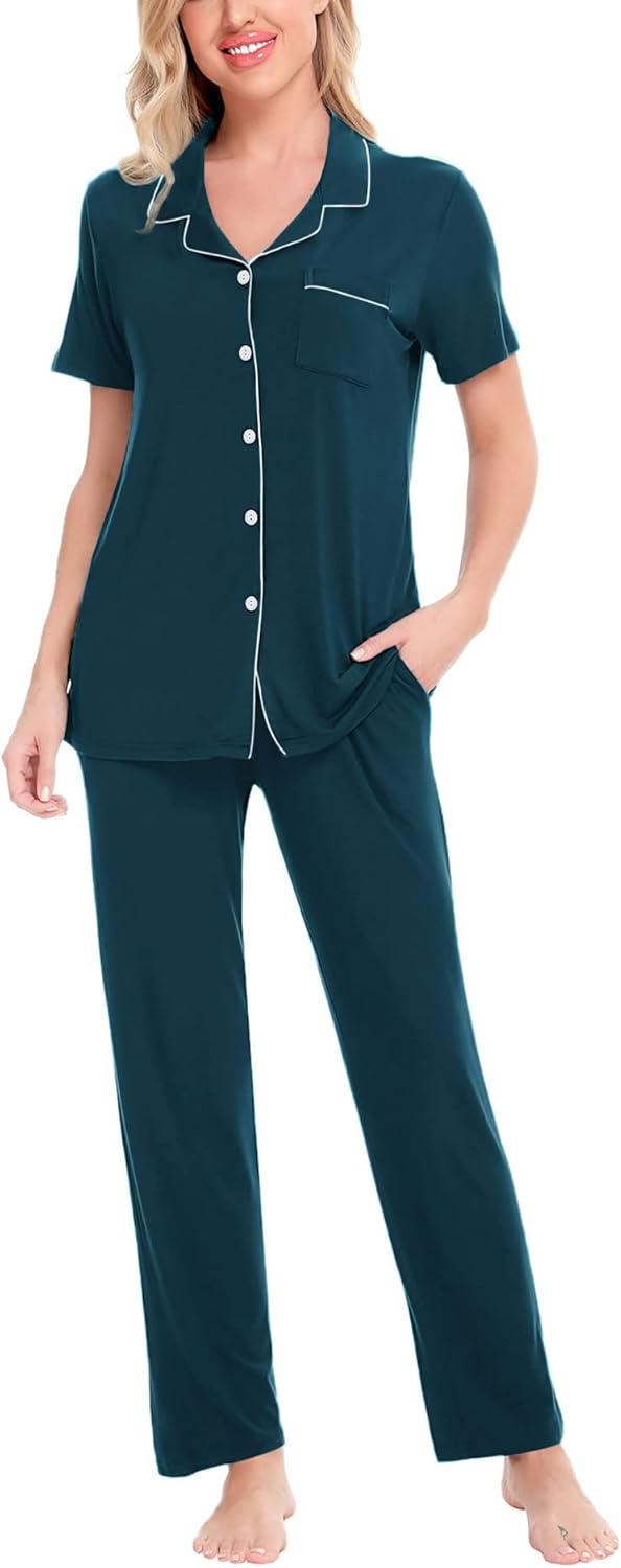 SWOMOG Women Pajama Sets Two-Piece Nightwear Short Sleeve Sleepwear Button Down Pj Lounge Sets with Long Pants