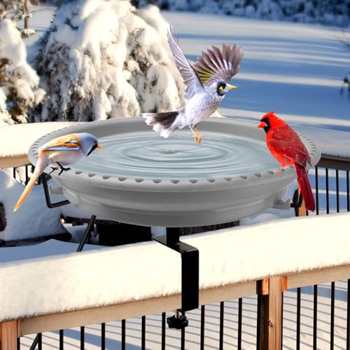 Daoeny Heated Bird Bath for Deck Railing, Upgraded 100W Heated Bird Baths for Outdoors Thermostat Control, Heated Bird Bath for Outside Winter Garden Yard Patio Decor (Grey)