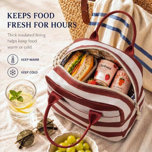 Image of LOVELYWIND Lunch Box for Women, Insulated Lunch Bag, Red Striped Tote