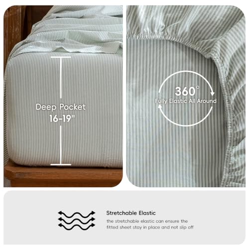 Image of MooMee Striped Sheet Set 100% Washed Cotton Linen Like King