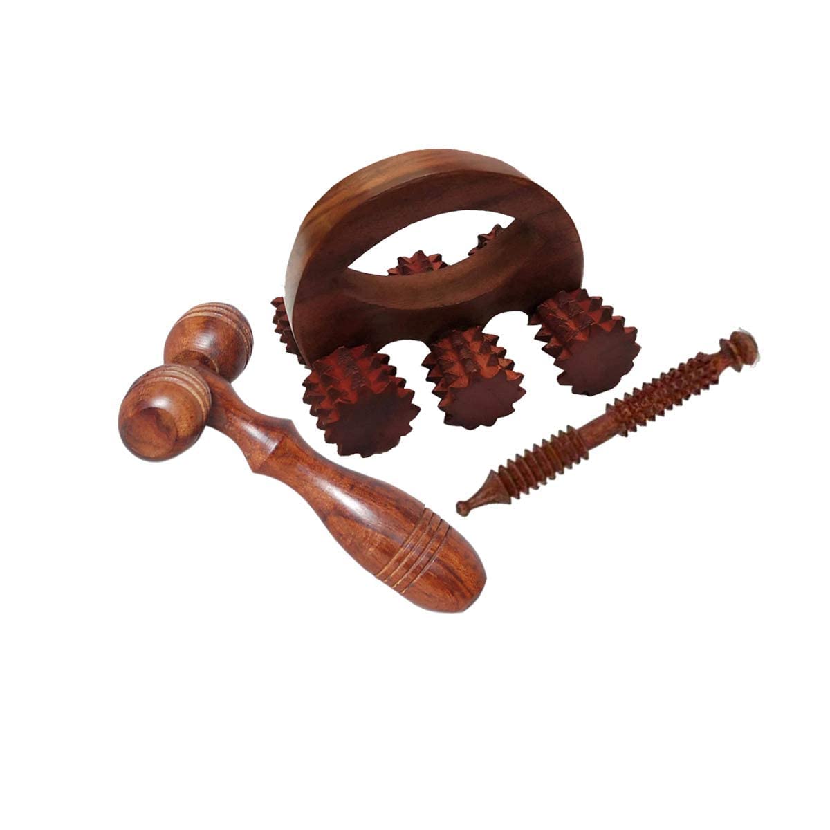 CRYSTAL Sheesham Wooden Massager, Acupressure Roller Pain Relief Item, Back Massager (5 x 3) In, Face (5x3 In) and jimmy, Brown, Set of 3