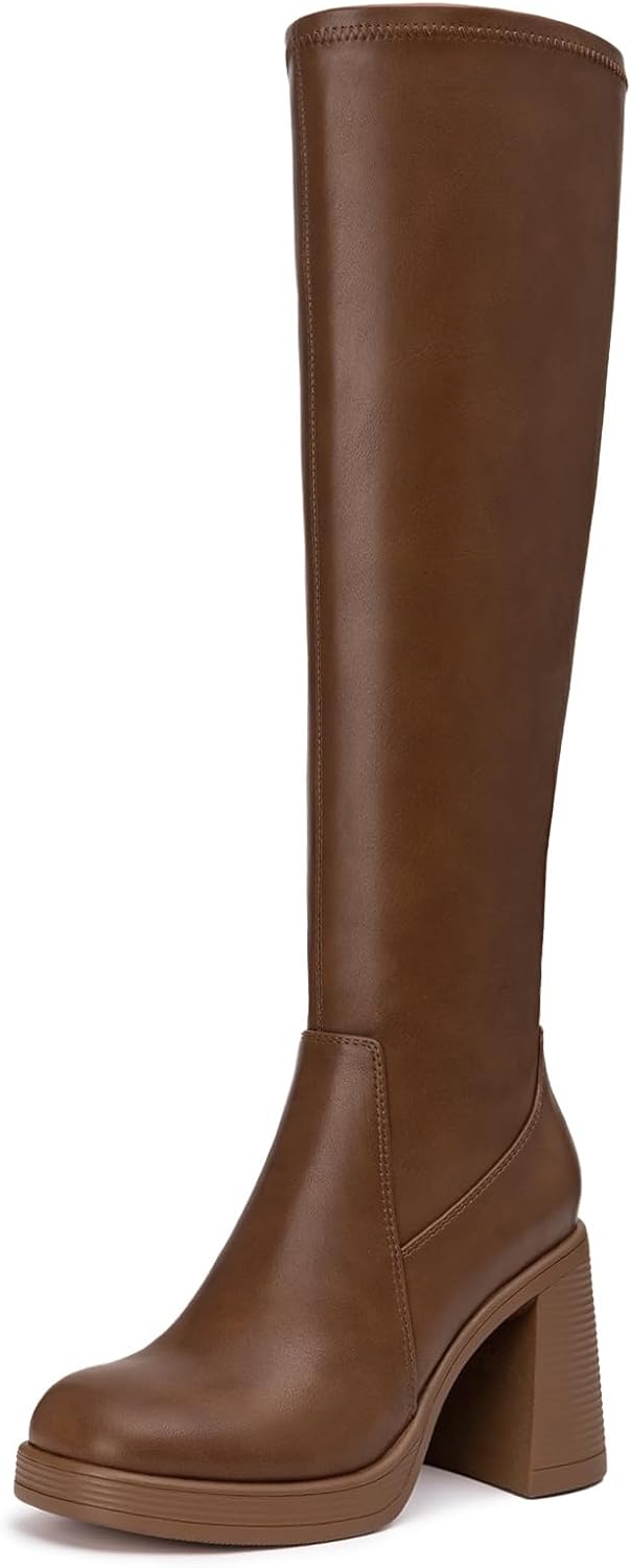 Athlefit Knee High Boots for Women Square Toe Platform Chunky Heel Stretchy Tall Boots with Side Zipper
