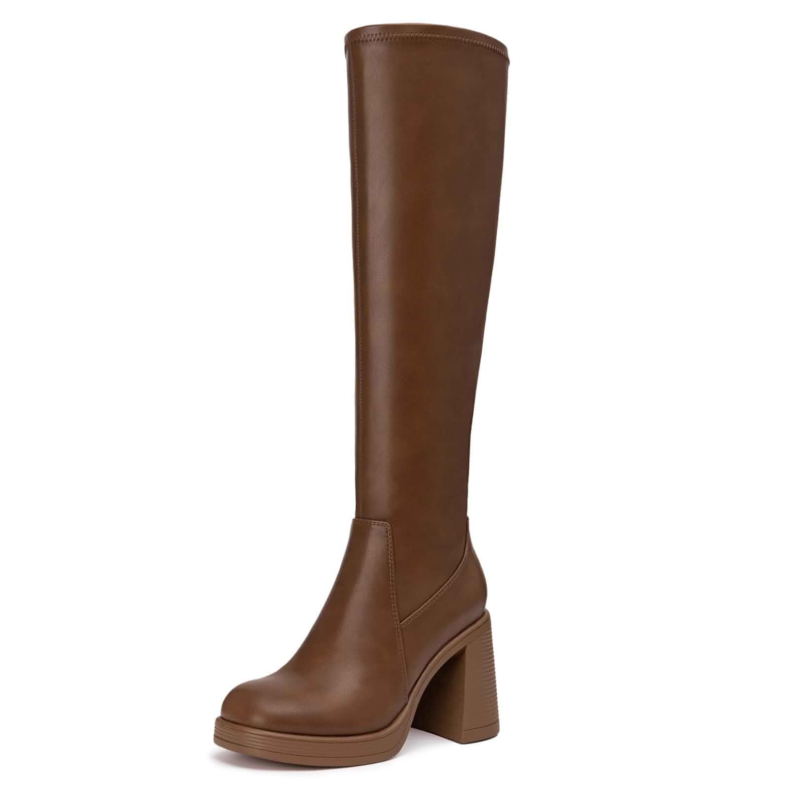 Athlefit Knee High Boots for Women Stretch Chunky Platform Tall Boots PU/Suede, Platform, 3.68" Block Heel, Side Zipper, Easy On/Off, Square Toe, Stylish for Fall, Work, Travel, Parties