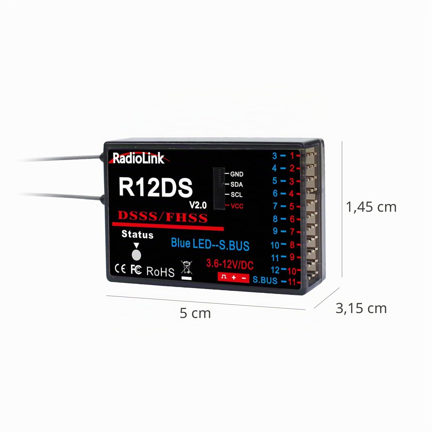 Radiolink R12DS 2,4 GHz RC Receptor 12 Canales SBUS/PWM Control de Largo Alcance para Avión Jet RC Transmisor AT10II/AT9S Pro/AT9S