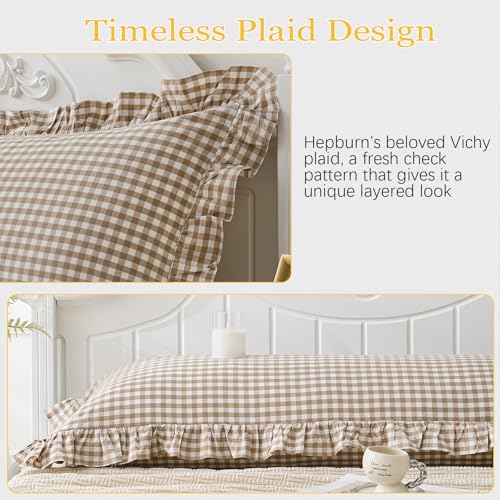 Taupe/White Plaid Ruffled Body Pillow Cover Washed Cotton Farmhouse Checkered Gingham 1 Piece Pillowcase for Living Room 20"x54" Brown