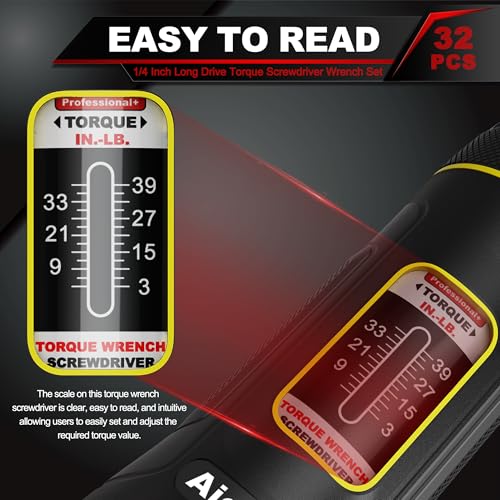 Image of Long Shank Torque Screwdriver Set, 3-39 Inch Pounds lbs, 32 Piece 1 /4 inch Drive Torque Screwdriver Wrench with S2 Steel Bits for Bicycle Mechanics, Mechanical Equipment, and Mounting