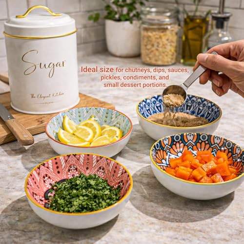 Image of MARKET 99 Ceramic Chutney Bowl Set of 4 (90ml Each) | Multi Color Dip Bowls for Sauces, Pickles & Condiments | Mini Serving Bowls Set with Glossy Finish for Dining Table & Snacks