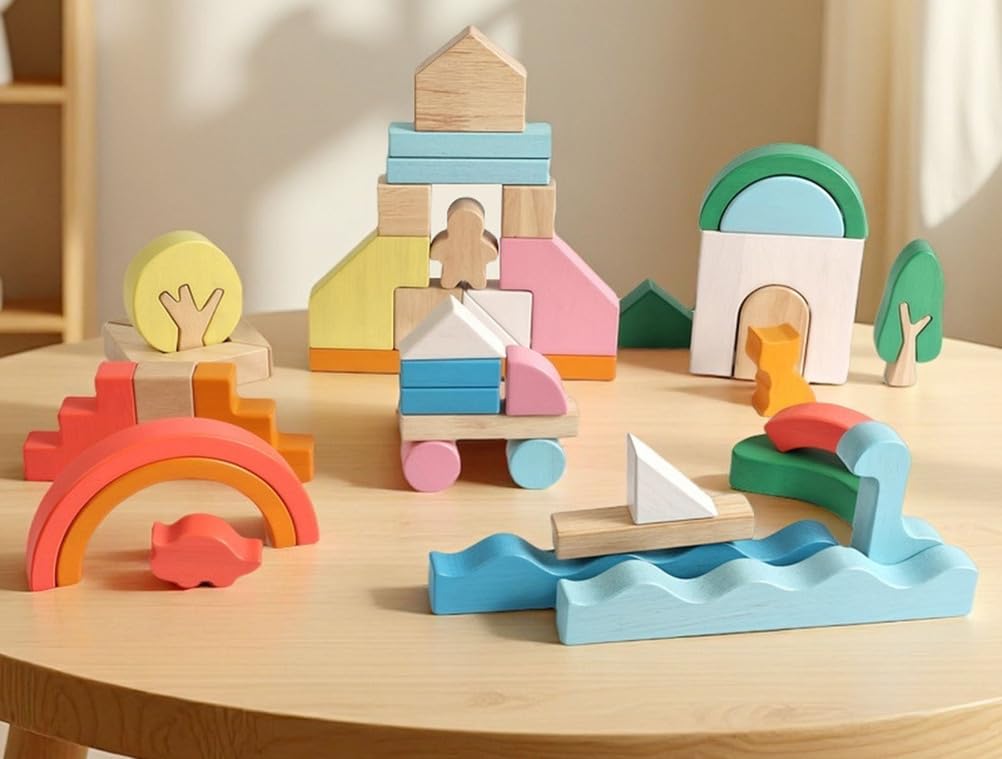Blocchi da Costruzione in Legno a Forma, Giocattolo Educativo Creativo per Impilare