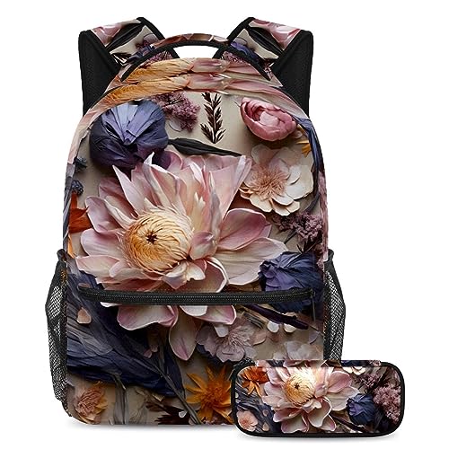 Sac à dos vintage à fleurs blanches grand volume avec trousse assortie