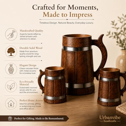 Image of Wooden Beer Bar Combo Set | Barrel Shaped Jumbo Mug | 2 Small Beer Mug 350ML (5 x 4 inches Each) & 1 Large Beer Jug 750ML (Steel Band)