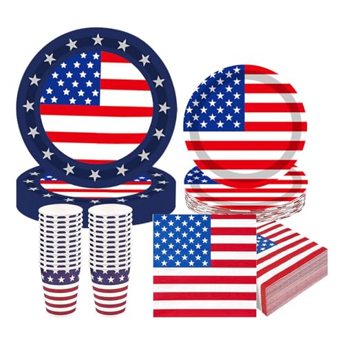 Gohemsun 4th of July Party Supplies, Patriotic Plates and Napkins Party Supplies, 96 Pieces Independence Day Party Supplies - 4th of July: Paper Plates, Napkins, Independence Day Cups