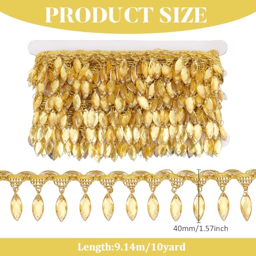 FINGERINSPIRE 10Yards/9.14M Hanging Beads Fringe Lace 40mm Wide Gold Metallic Braid Lace Trim with Horse Eye Beads Tassel Champagne Yellow Beads Sew on Fringe Ribbon for DIY Crafts Decoration - Image 2
