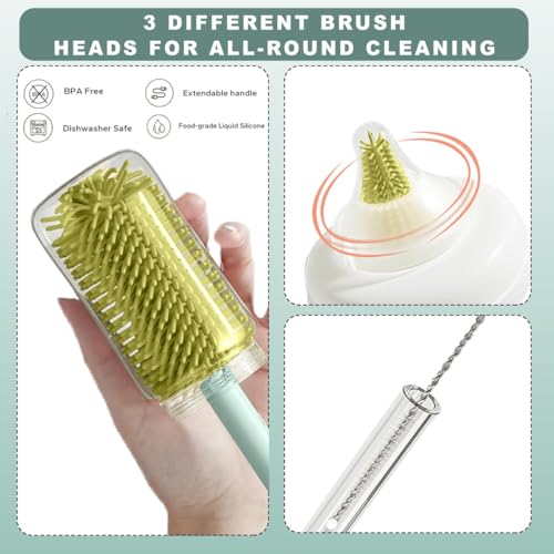 Image of TONY STARK Baby Non-Toxic, Bottle Cleaning Brushes Set with Stand for Baby Milk Bottle, Nipple, Straw,Silicone Bristle Bottle Cleaner Brush for Movable Cleaning (Willow Bear (Green))