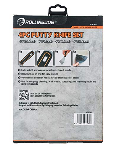Rollingdog 4Pc Putty Knife Set(1.5",3",4",6") With Stainless Steel Blade And Ergonomic Rubber Coated Handle,Spackle Knife Great For Scraping, Cleaning, Spreading On Drywall Repairs #TOP6
