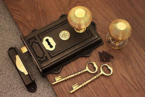 Infinity Decor Period Door Knob Set Antique Cast Iron/Brass Davenport Door Rim Lock (5 Choices) (Beehive 50mm)