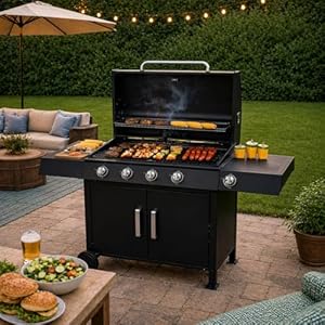 5 Gas Barbecue Grill 4 + 1 Side Gas Burner Outdoor Cooking Grill with Warming Grill, Thermometer, Regulator Gauge, Shelves, & Cabinet