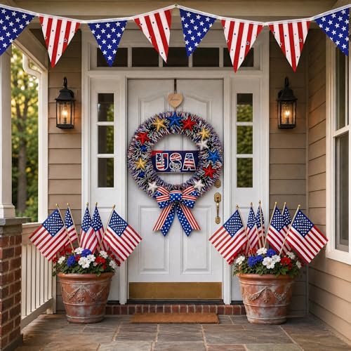 Image of July 4th 250th Anniversary Patriotic Decor Set – 1776-2026 USA Wreath, 12 Handheld Flags,15-Inch Bunting Banner for Independence Day Memorial Day Veterans Day Indoor Outdoor Home Party