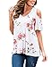 Sherosa Women Sexy V Neck Floral Print T Shirts Loose Cut Out Shoulder Tops (XL, White)