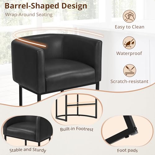 Image of LUE BONA Counter Height Bar Stools Set of 3, Modern Barrel Counter Stools with Backrest and Arms, Black Metal Frames, Faux Leather Upholstered Accent Barstools for Kitchen Island, Black