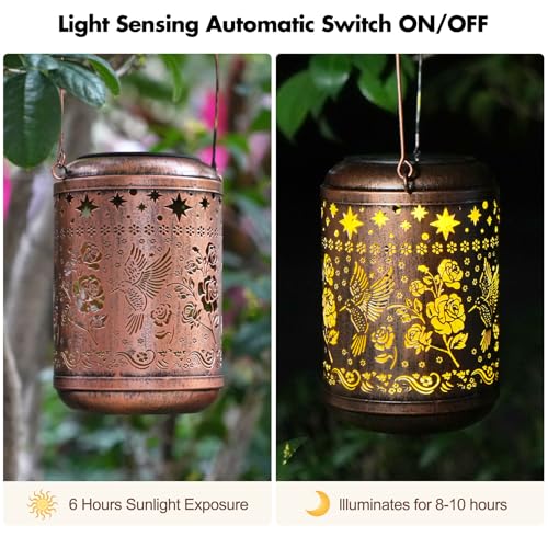 Hummingbird 2 Pack Solar Lanterns Metal Outdoor Waterproof Hanging Solar Light Hummingbird Gifts for Women Mother Grandmom Bird Lover Decor Lamp for Yard Garden Patio Lawn Tabletop Pathway Bronze