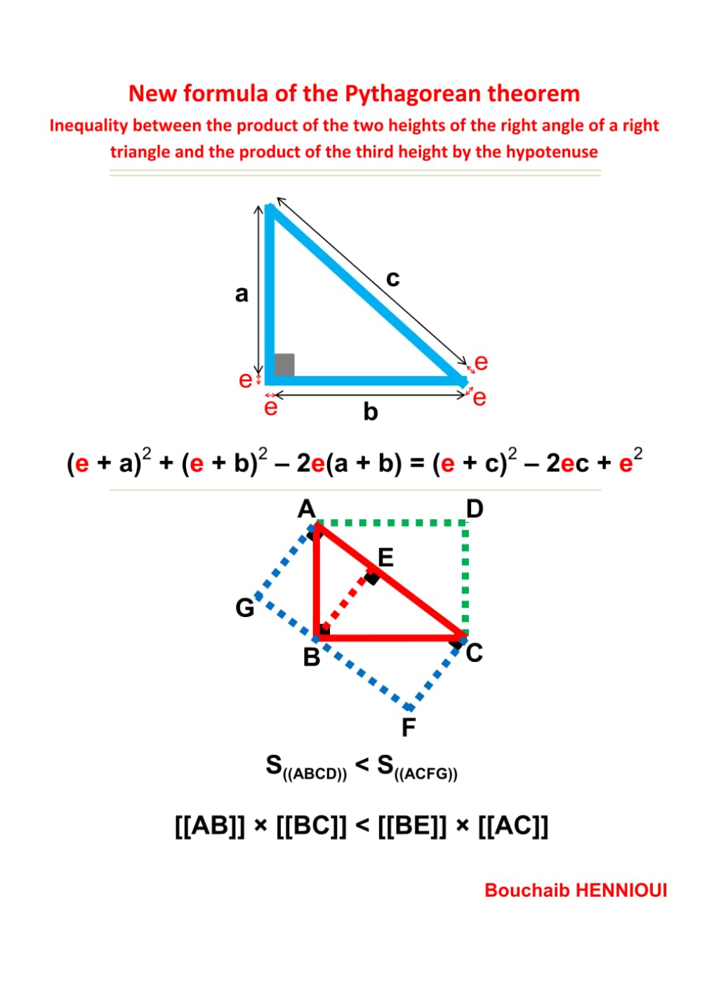 New formula of the Pythagorean Theorem: Inequality between the product of the two heights of the right angle of a right triangle and the product of the third height by the hypotenuse