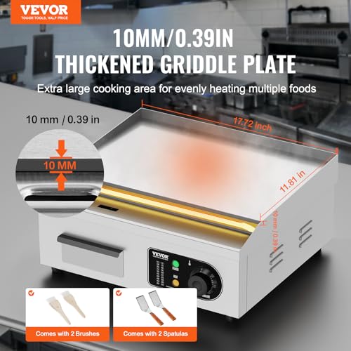 Image of VEVOR Commercial Electric Griddle, 1700W Countertop Flat Top Grill, 18in Stainless Steel Griddle Grill with 2 Shovels and 2 Brushes for Home or Restaurant, 122℉-572 ℉ Adjustable Temp