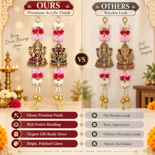 Image of Akaar Decor Lakshmi Ganesha Hanging for Door | Acrylic Festive Latkan with Flowers & Pearls | Diwali Pooja Room Entrance Decor | 16 Inch, Pack of 2