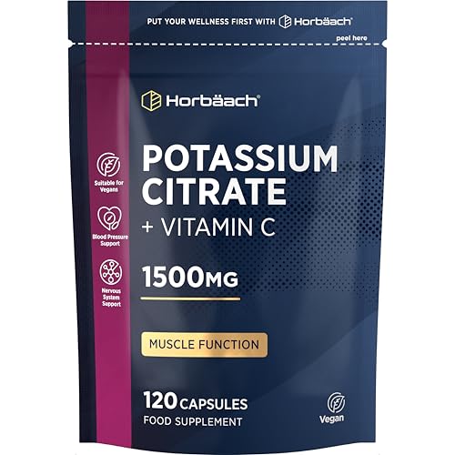 Citrato de Potasio 1500mg con Vitamina C | 120 Pastillas Veganas | Suplementos de Potassium Citrate | de Horbaach