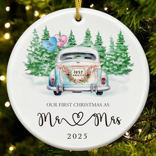 FLYAB 2025 Engagement Ornaments Engagement Gifts for Women Our First Mr and Mrs Gift Just Married Ceramic Ornament for Couple Bridal Shower Gift
