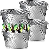 4 Pack Beverage Tub for Parties Drink Ice Bucket Stainless Steel Insulated Beverage Tub Extra Large Metal Silver Buckets Heavy Duty Hammered Drink Bucket with Double Hinged Handle for Parties