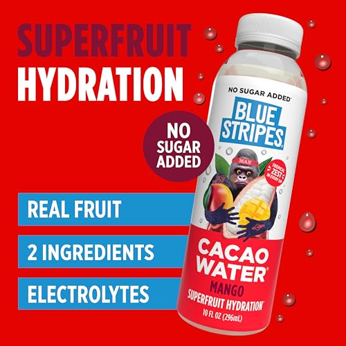 Image of Blue Stripes Cacao Water - Mango & Passion Fruit | Hydration Drink with Natural Electrolytes & Antioxidants | Cacao Juice, Fruit Juice & Water | No Sugar Added, Plant Based, Non GMO |10 floz (12 Pack)