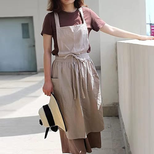 Miniatura 6 de SF-ZXTINP Delantal de cocina de algodón y lino para mujer con bolsillos, lindo para hornear, pintar, jardinería y limpieza