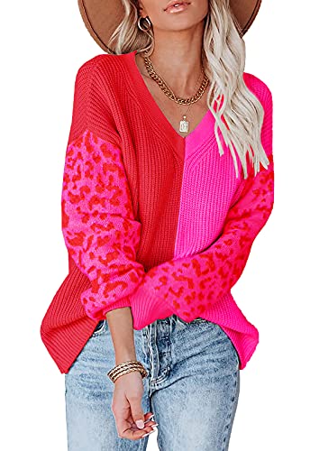 Image of ANCAPELION Women's V Neck Sweater Pullover Leopard Long Sleeve Basic Color Block Jumper Casual Knitted Tops