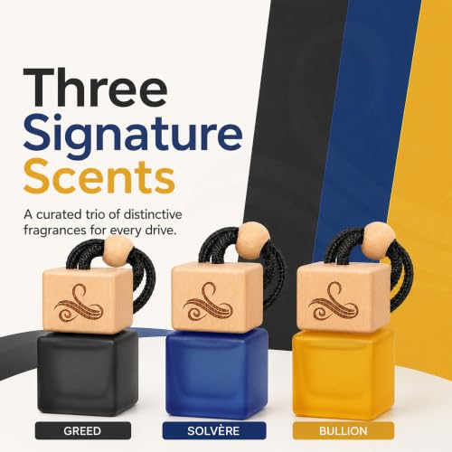 Image of Pack of 3 Car Air Freshener Bundle for Men | Greed, Solvere, Bullion Diffuser Oils with Vent Clips, Reed Sticks, Wooden Caps | Up to 9 Month Use | Odor Eliminator Technology | Fragrance Set by Perfa