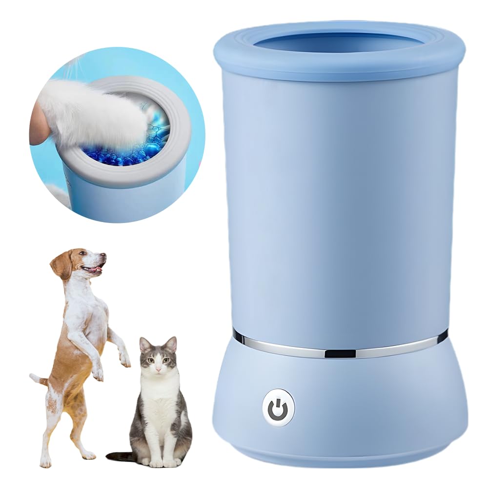 comepew Automatic Dog Paw Cleaner, Elektrisch Hundepfoten Reiniger, 360° Hunde Pfotenwaschanlage, Silikonbürste, USB Wiederaufladbar, Weiß/Blau, für Hunde und Katzen, Unisex, Kinder