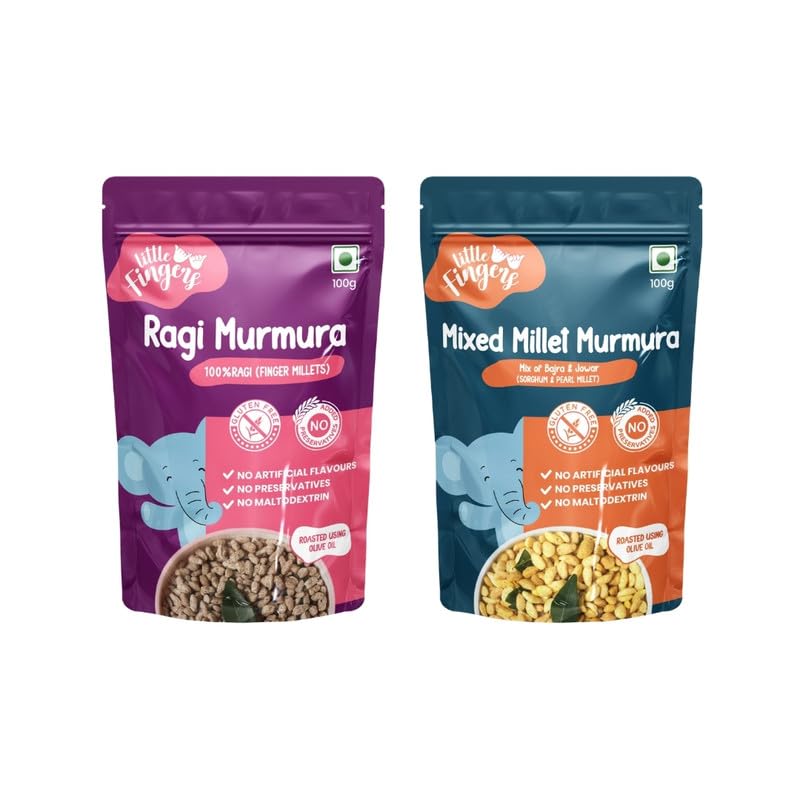 Little Fingers Organic Millet Based Healthy Roasted Gluten Free Puffs High In Fiber Assorted Snack For Kids – Ragi Murmra And Mixed Millet Murmra, 200 Grams X 2 Little Fingers Organic Millet Based Healthy Roasted Gluten Free Puffs High In Fiber Assorted Snack For Kids – Ragi Murmra And Mixed Millet Murmra, 200 Grams X 2