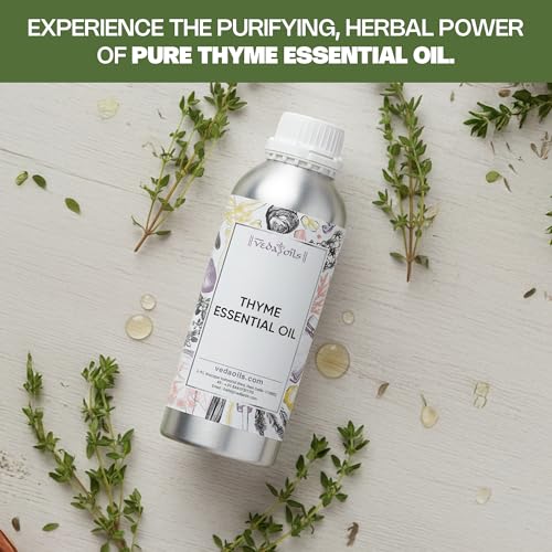 Image of VedaOils Thyme Essential Oil 100ml | 100% Pure & Natural Thyme Oil for Hair Growth, Skin Care, Clear Breathing, Hair Strengthening, Massage & Aromatherapy