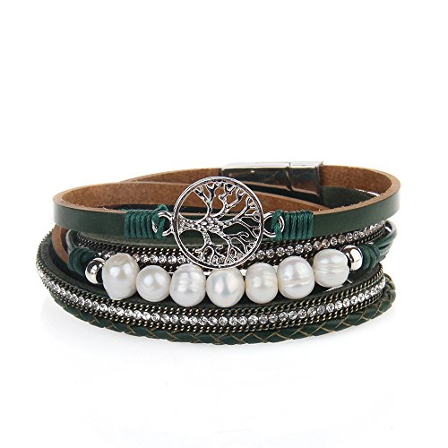 MULBA Schmuck Baum des Lebens Perle Frauen Armband Wrap Manschette Armreif mit Magnetverschluss (Green) Cover